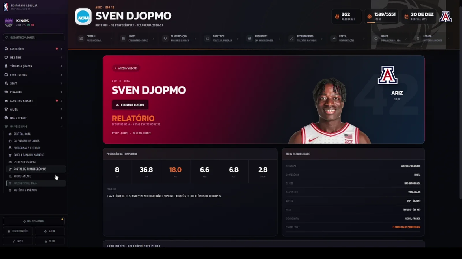 Draft de basquete com scouting, risco e decisão no relógio — tela de táticas e formação